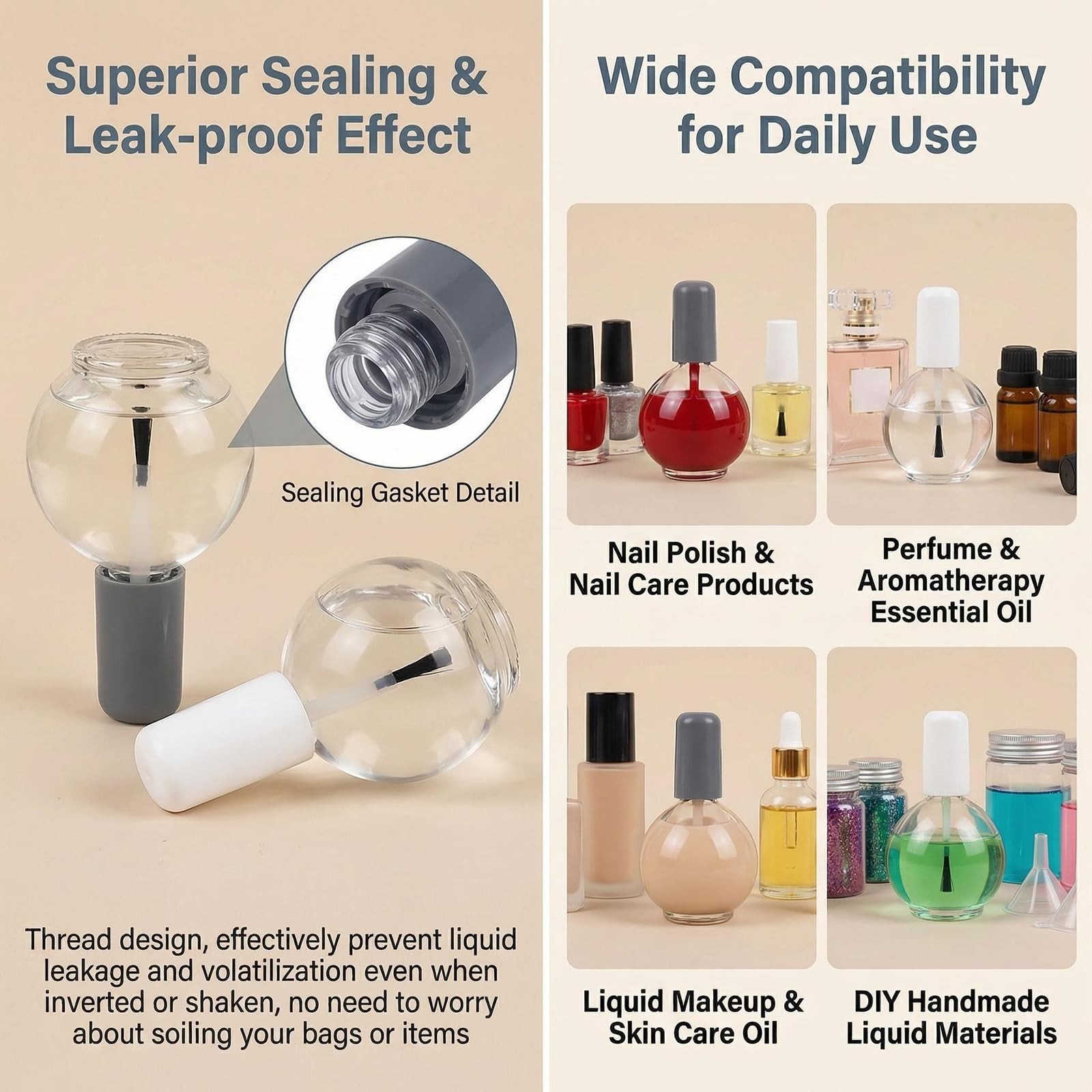 2Pcs 75ml/2.5oz Empty Nail Polish Bottles with Brush Spherical Clear Refillab...