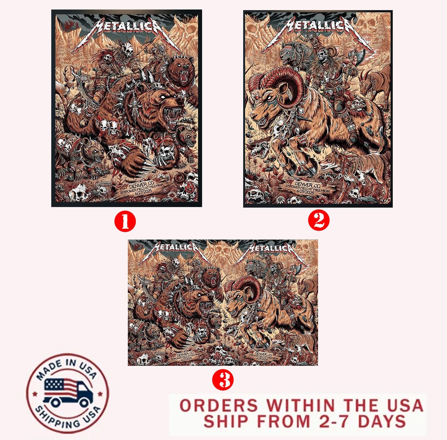 Metallica Denver 2025 June 27 & 29 Empower Field at Mile High reprint Poster.