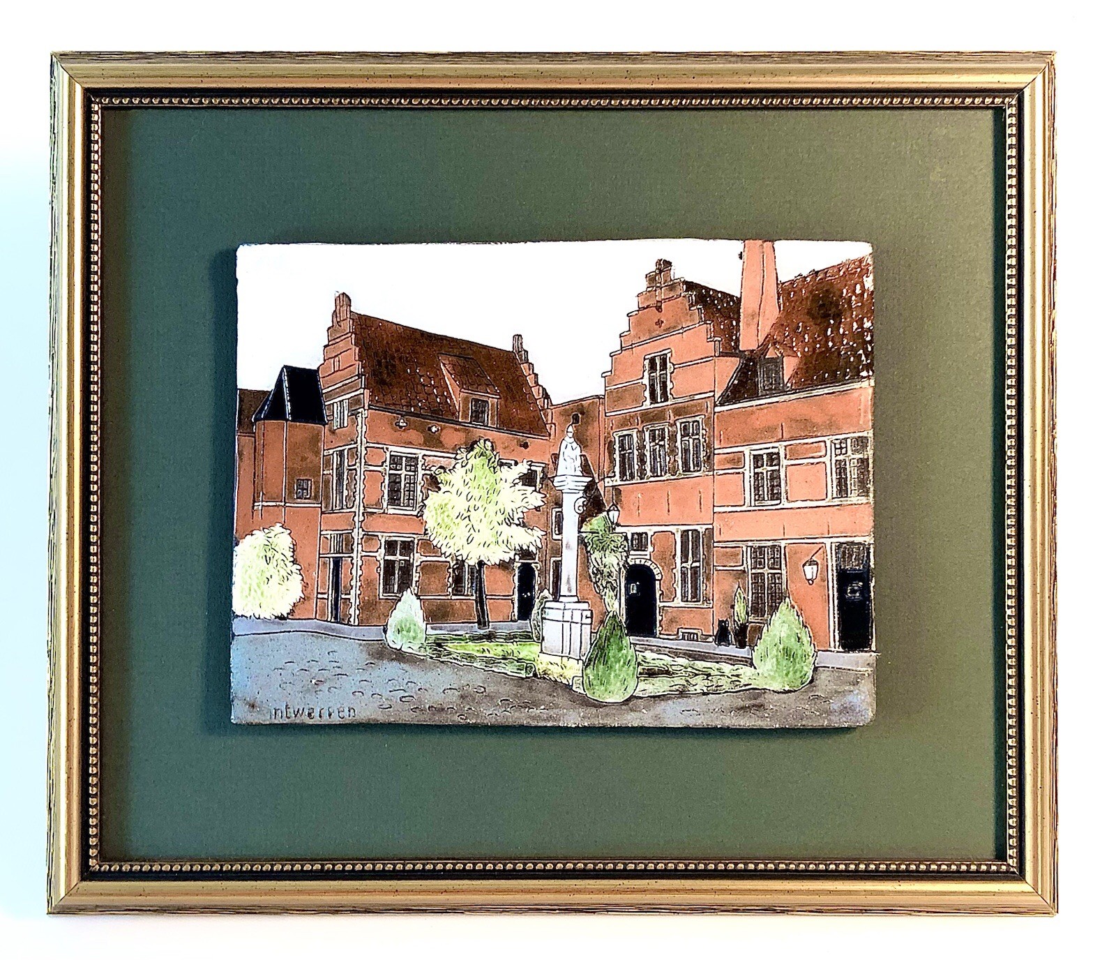 “Delft-Cloisonné” Tile of Antwerpen, Belgium, Street Scene - Mounted & Framed