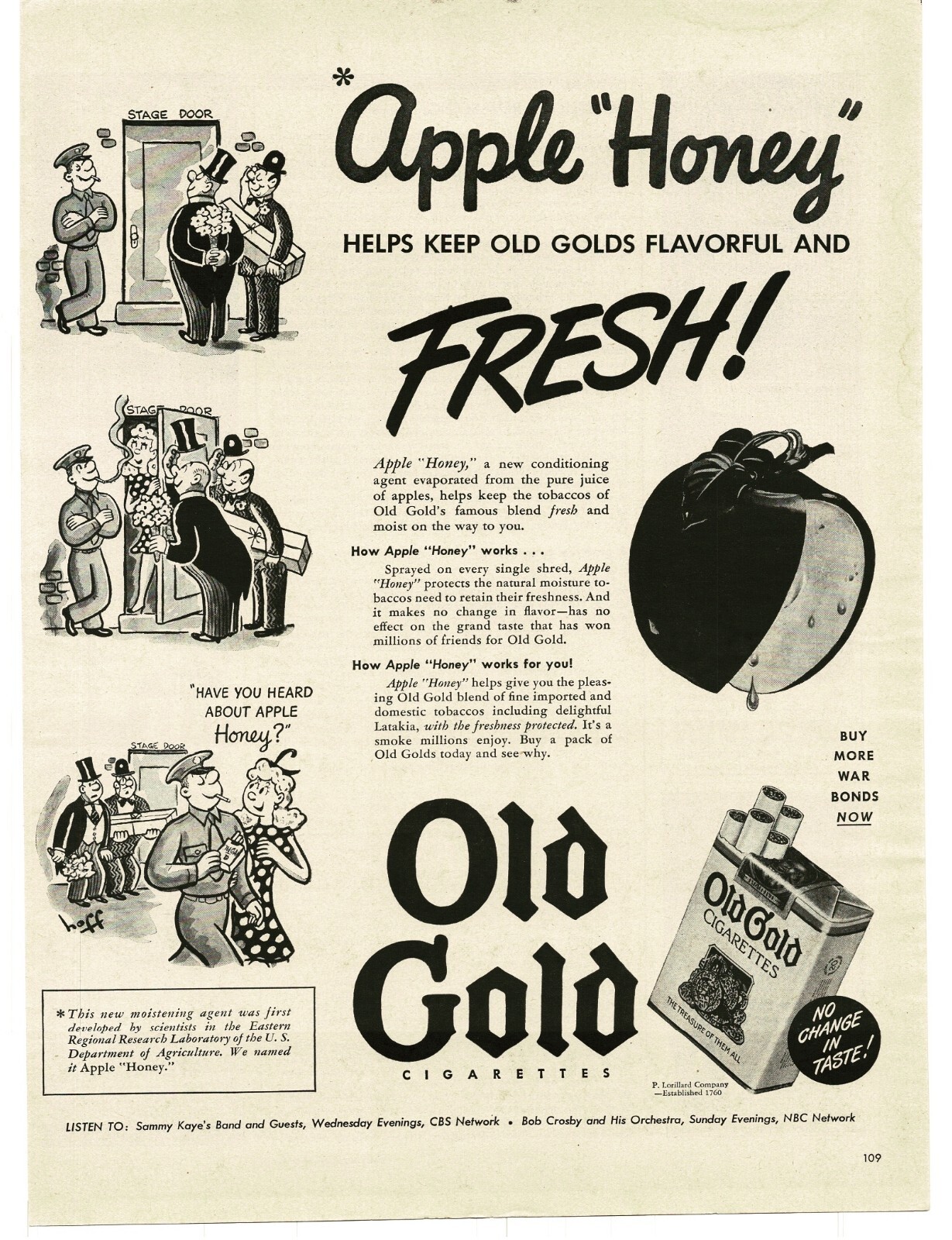 1943 Old Gold Cigarettes Apple Honey cartoon WWII Buy War Bonds Print Ad 2