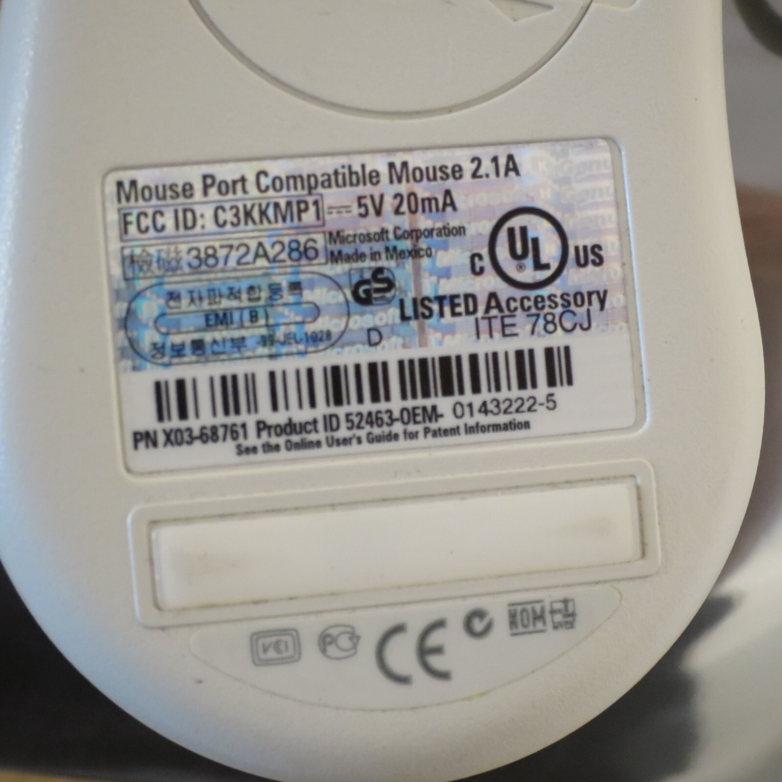2 Button Microsoft Mouse Port Compatible PS2 Mouse 2.1A PN X03-68761 - Tested 12