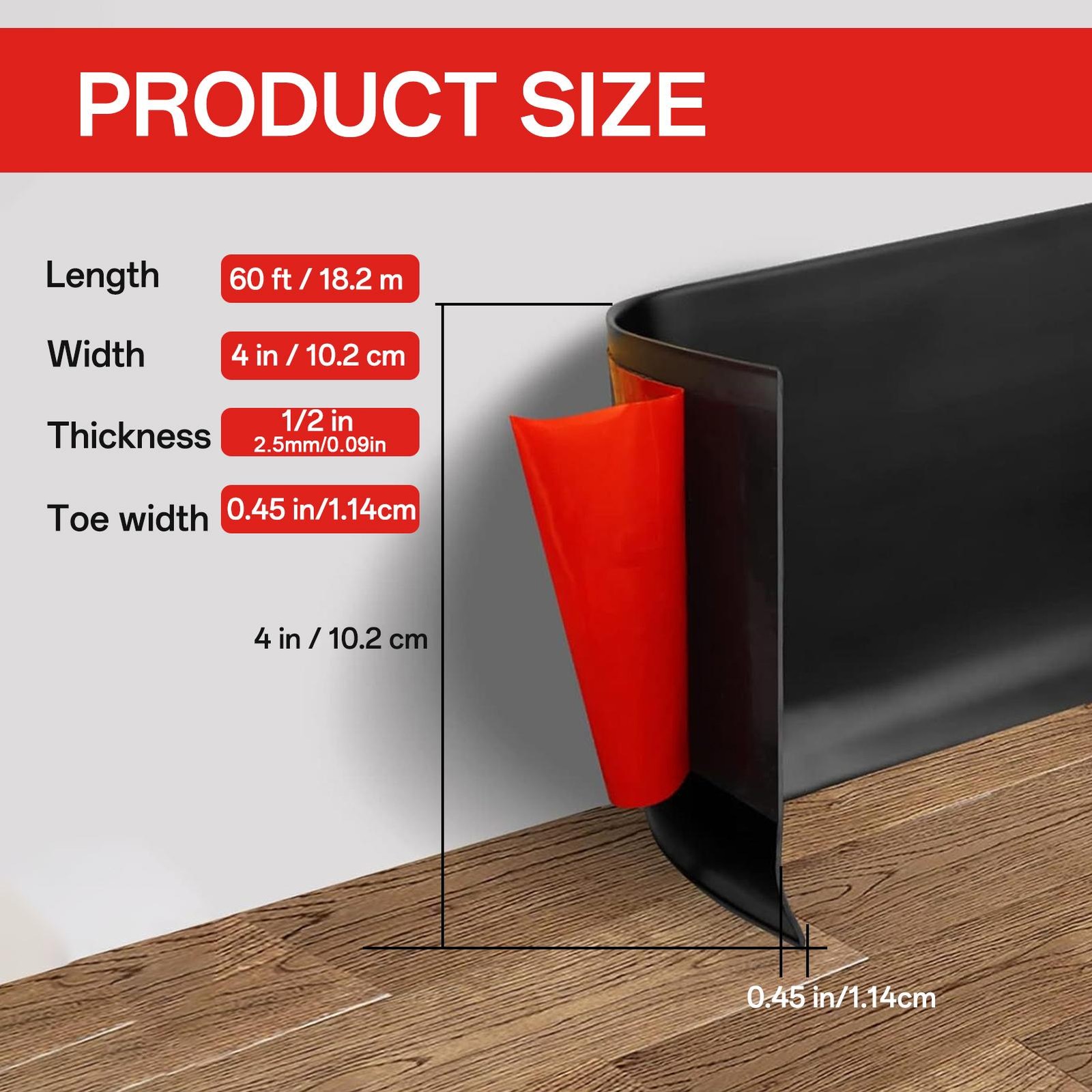 Vinyl Wall Base Baseboard Molding Trim 4"x 60FT Flexible Self Adhesive