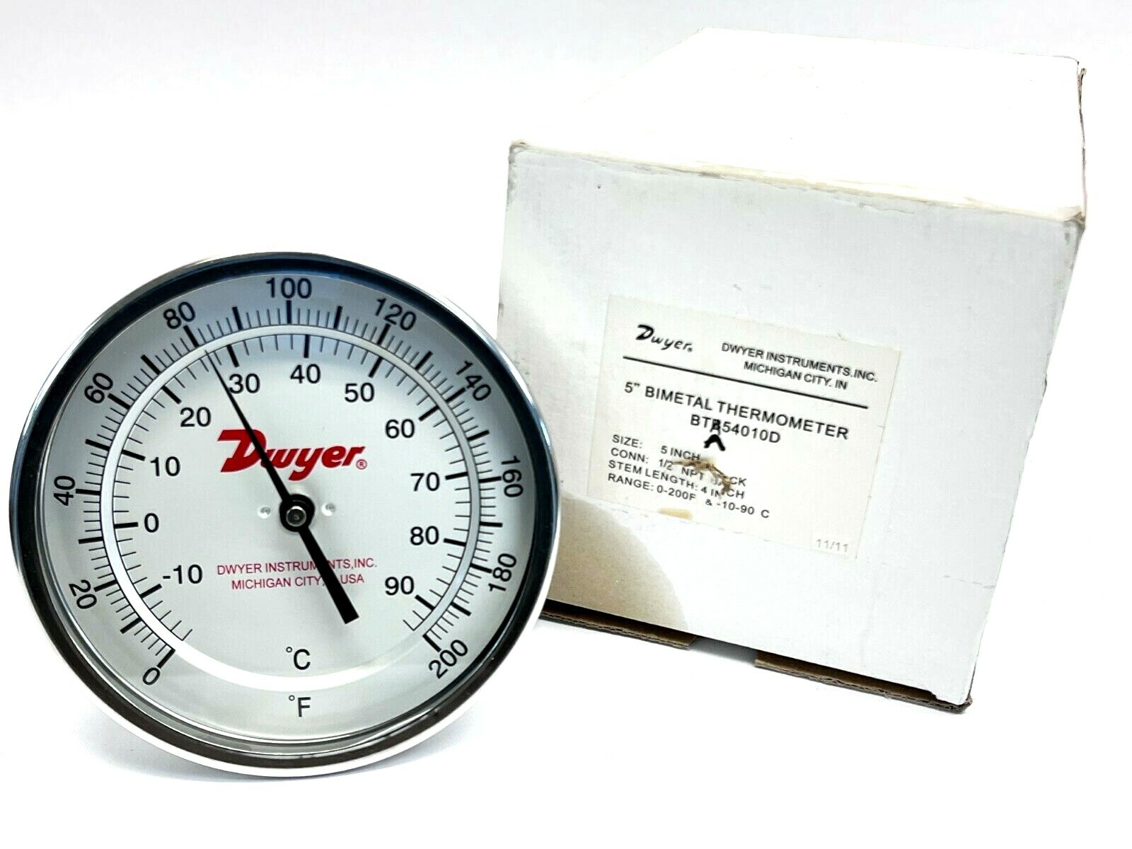 Dwyer BTA54010D Bimetal Thermometer 0-200F -10-90C 5" Dial 4" Stem