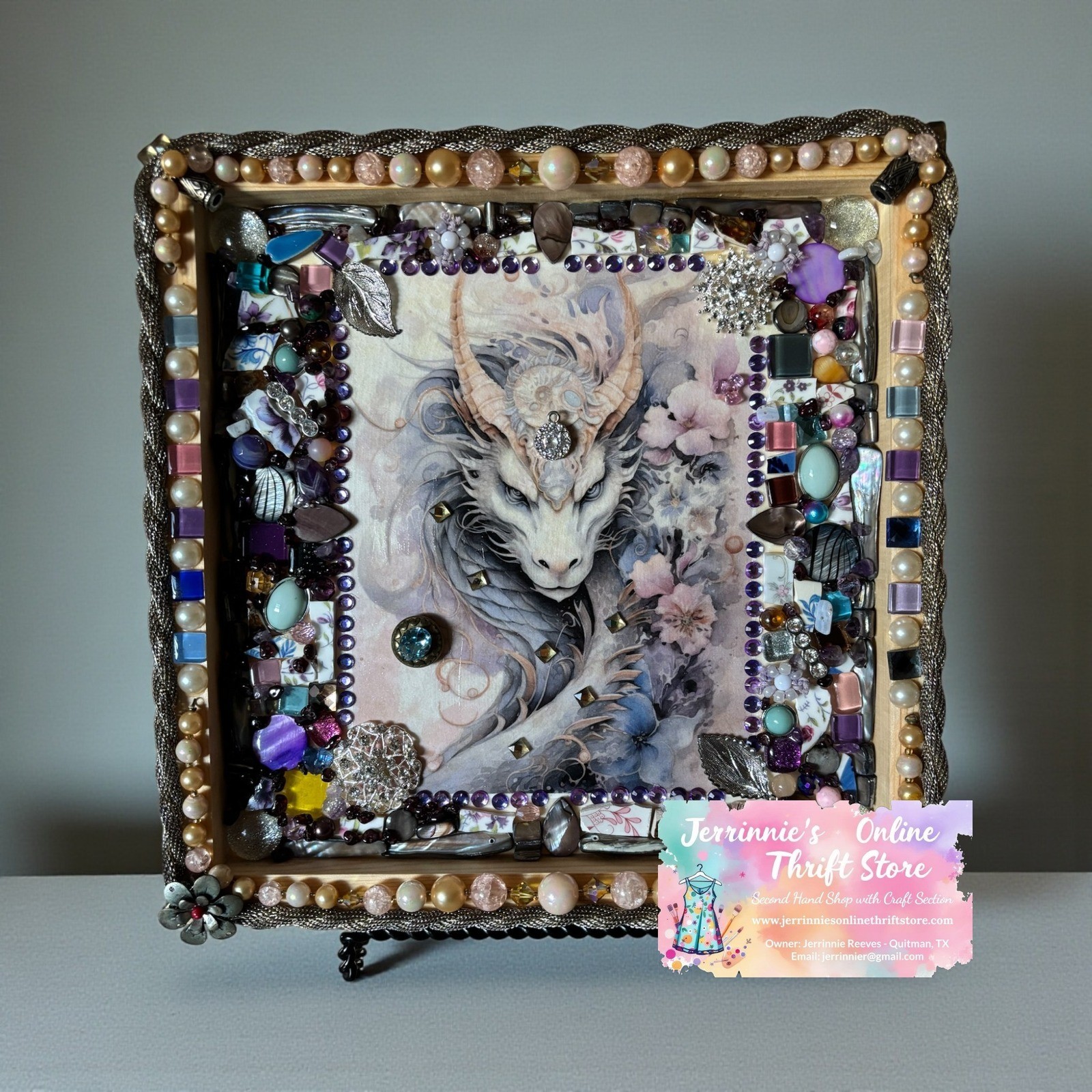 Handmade Mixed Media Dragon Mosaic Art Ethereal Fantasy Decor with Display Stand