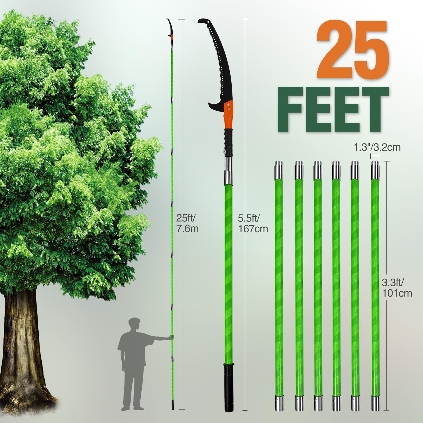 Pole Saws for Tree Trimming, 5.5-25ft Extendable Tree Trimmer, Manual Tree cu...