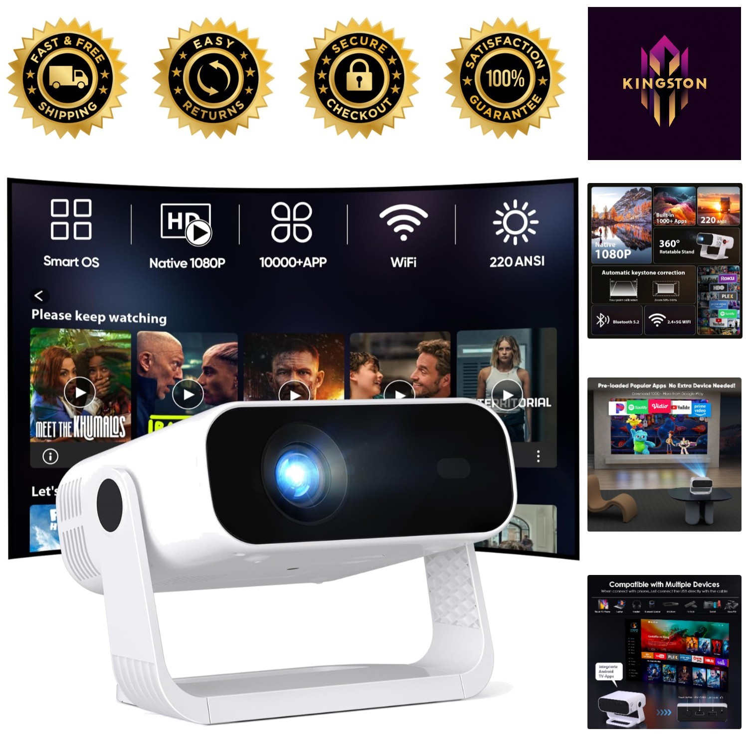 Portable Mini Projector 1080P with 220 ANSI Lumens - WiFi & Bluetooth Enabled