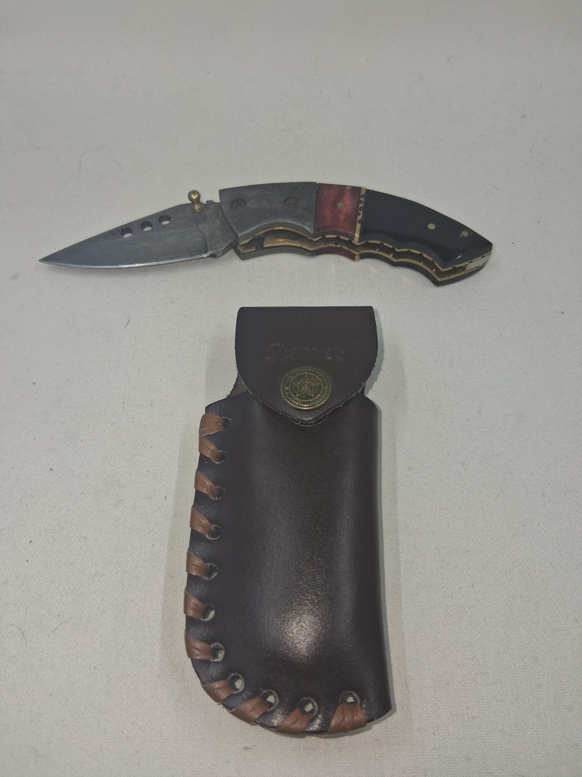 Vintage Stauer Damascus Curved Handle Folding Knife w/ Leather Case Liner