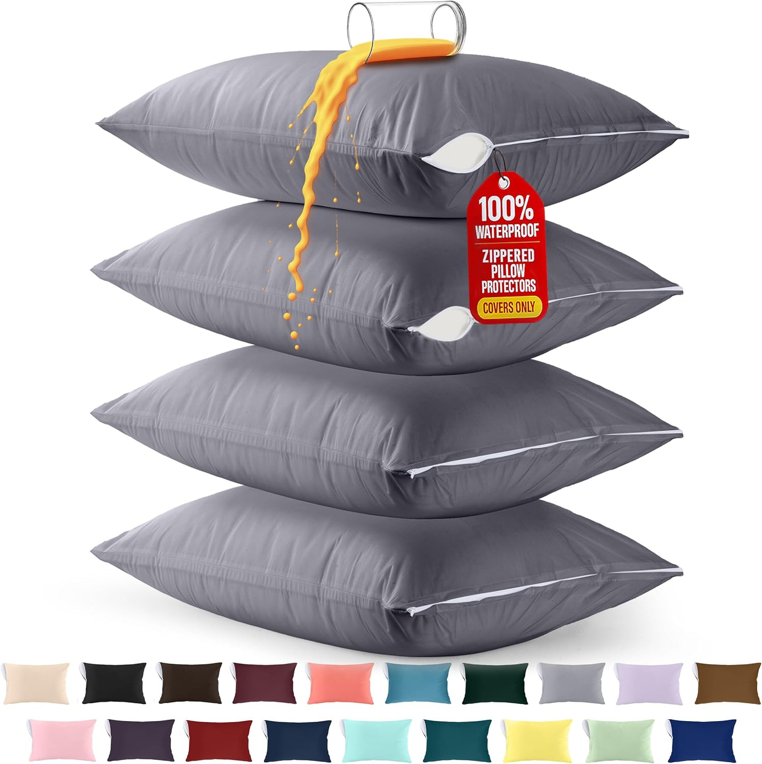 Premium 100% Waterproof Pillow Protectors with Zipper Standard Size (Set of 4),