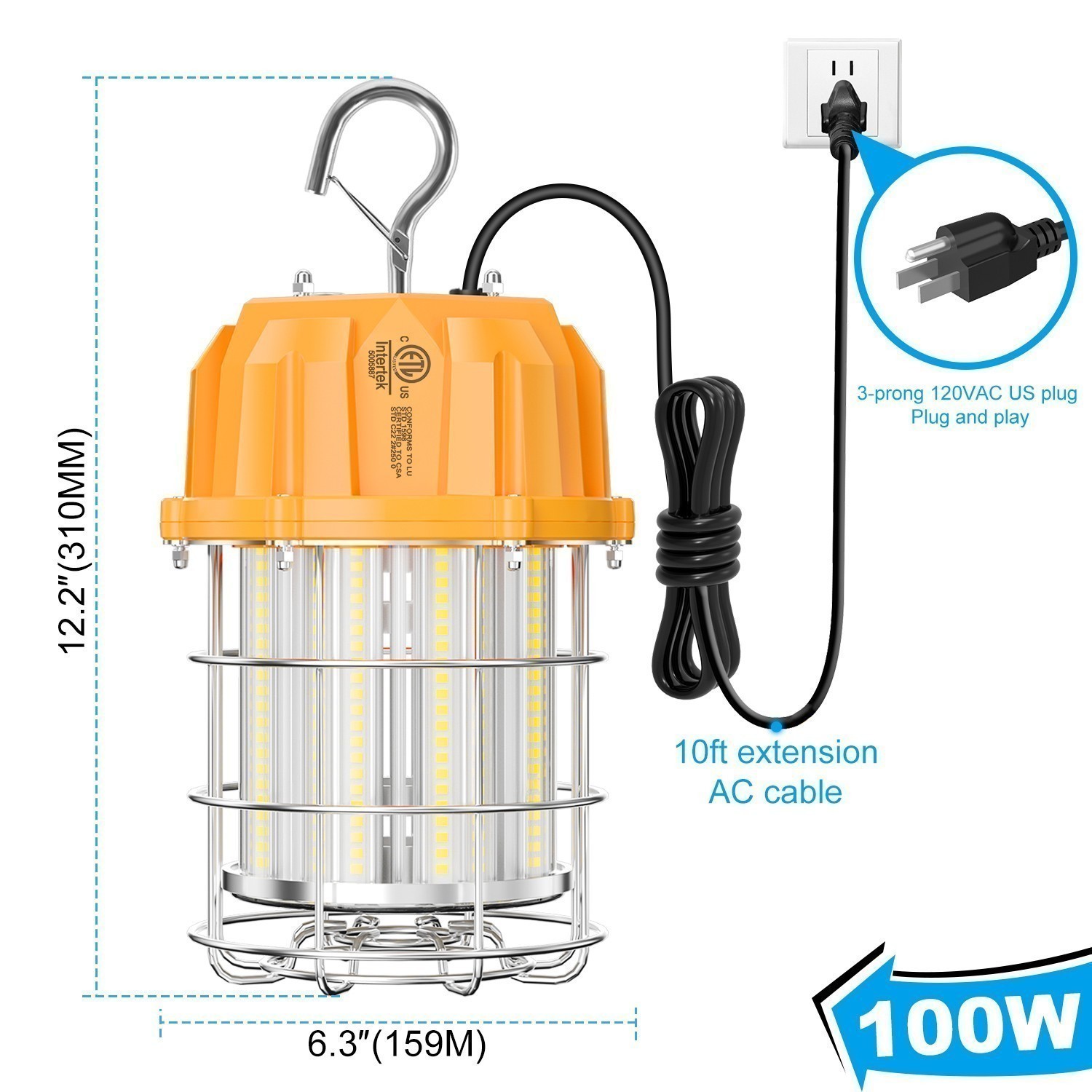 100W LED Temporary Work Light Industrial Constructions Workshop Lamp Plug-n-Play