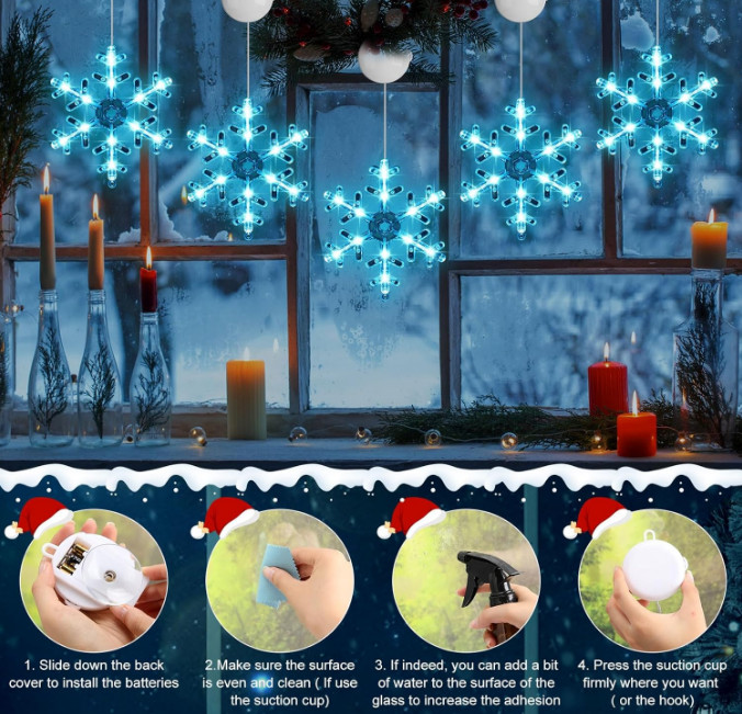 Tujoe 10 Pcs Christmas Window Lights Decorations w/ Timer Snowflake, Blue