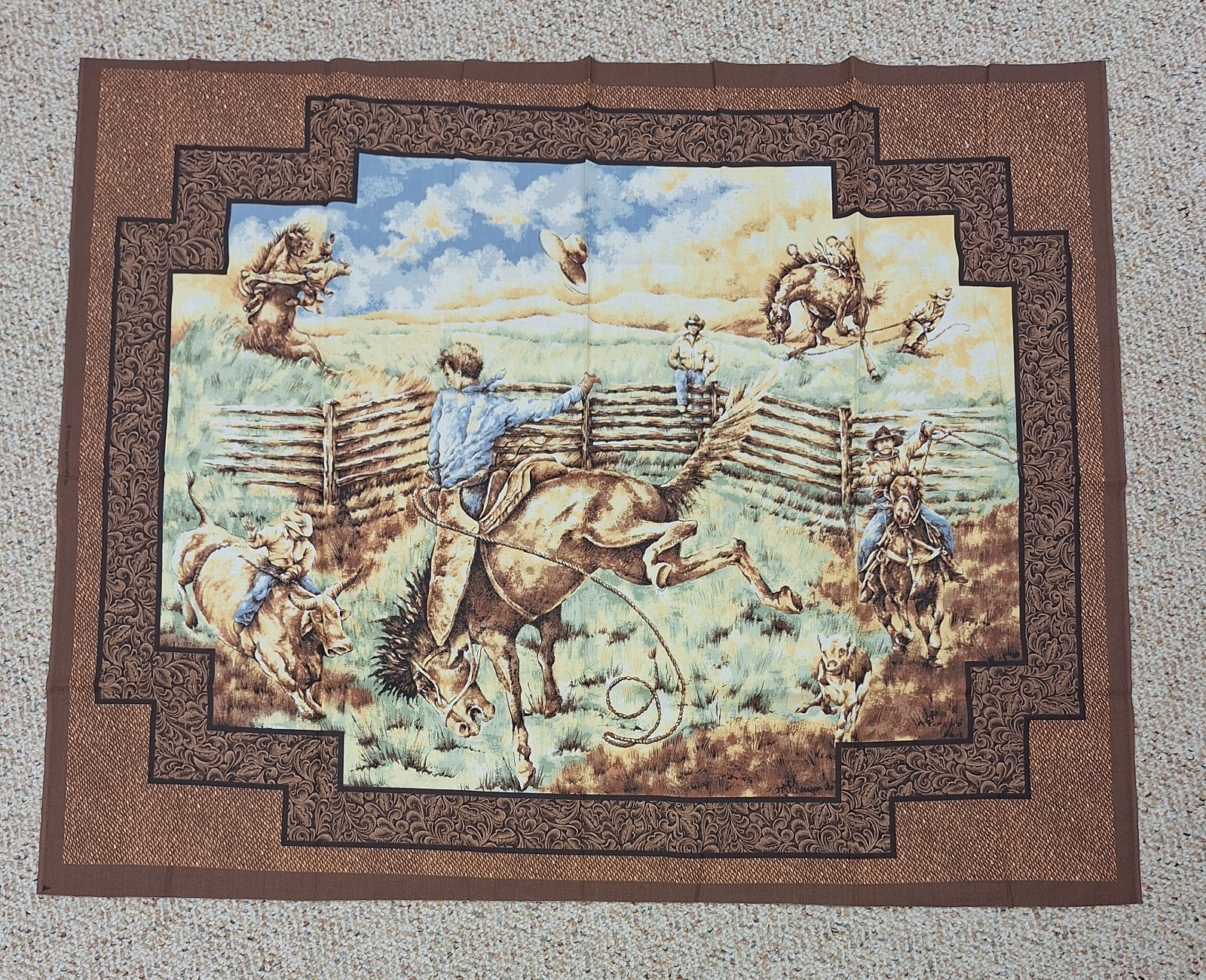 100% Cotton Fabric Vntg  Cowboy Rodeo Theme Per Panel Yards Matching Fabric New