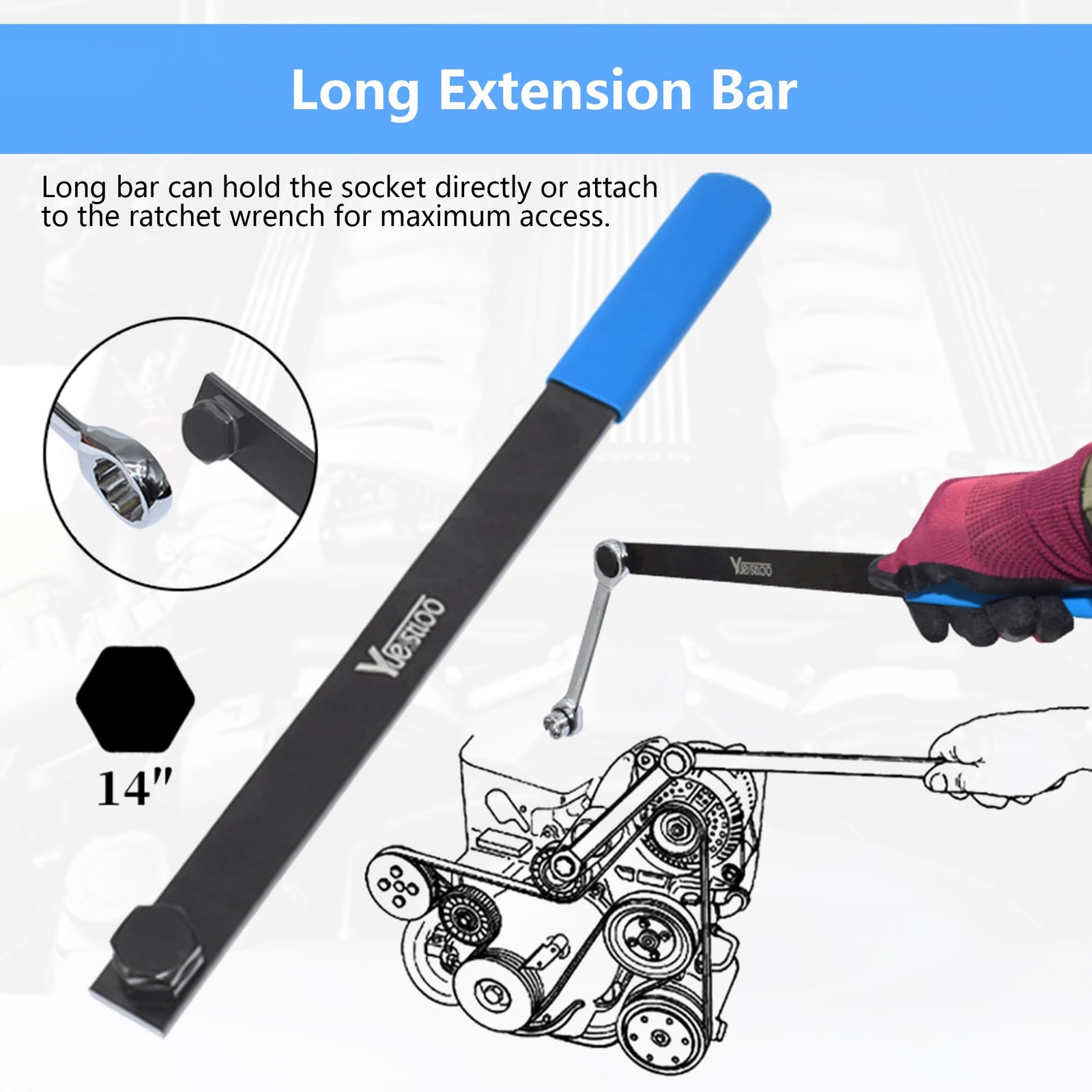 Yuesstloo 15pcs Universal Ratcheting Serpentine Belt Tool Set, Blue Case