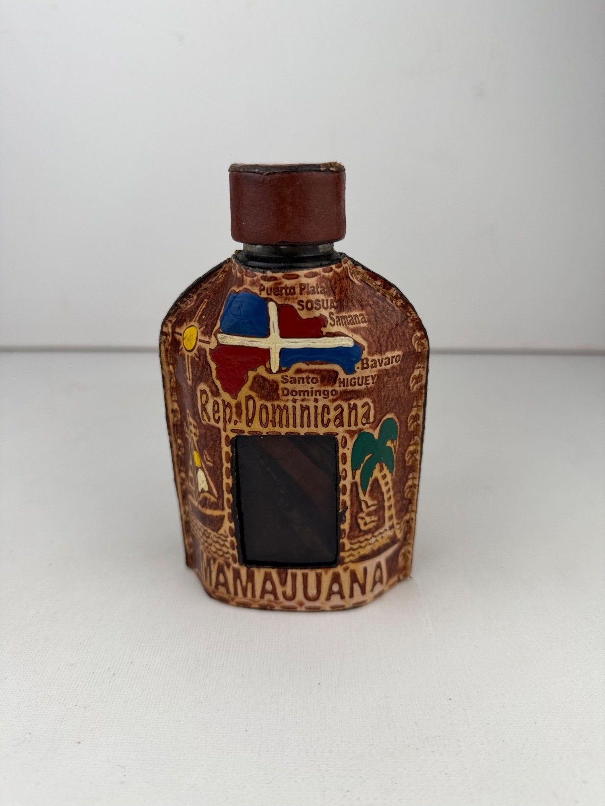 Vintage Dominican Mamajuana Leather Bottle Souvenir Caribbean Folk Art