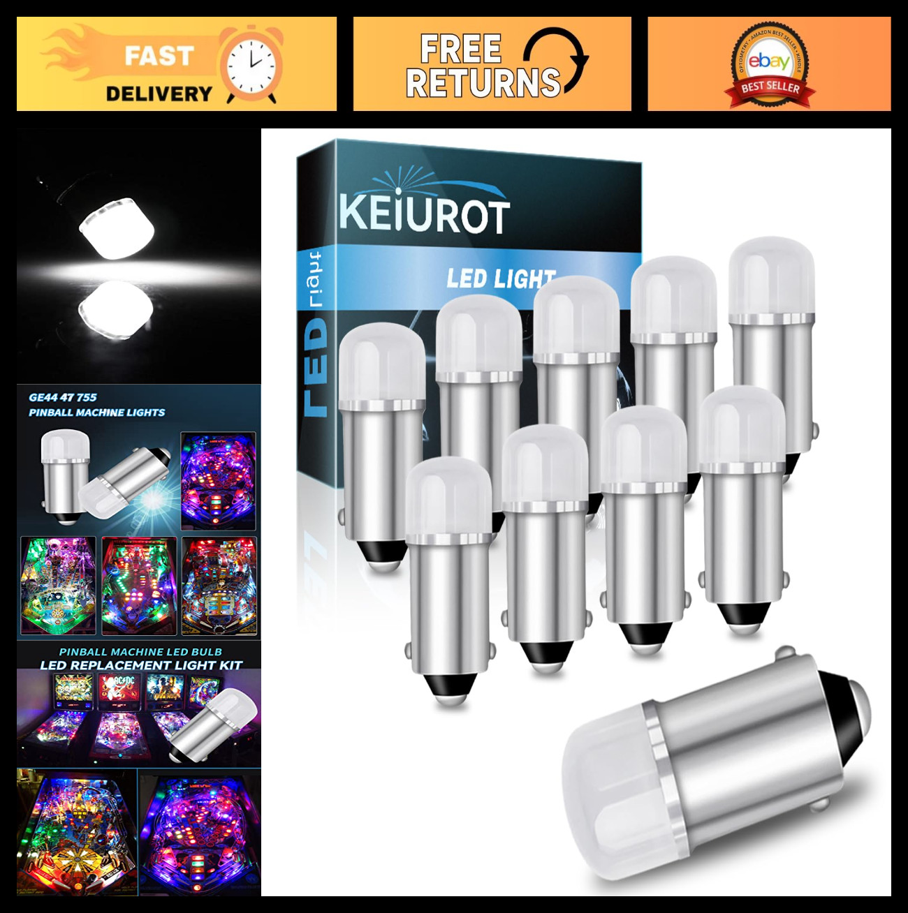 Pack of 10 LED Bulbs 6V 6.3V BA9S GE44 755 for Pinball Machines - Bright White L