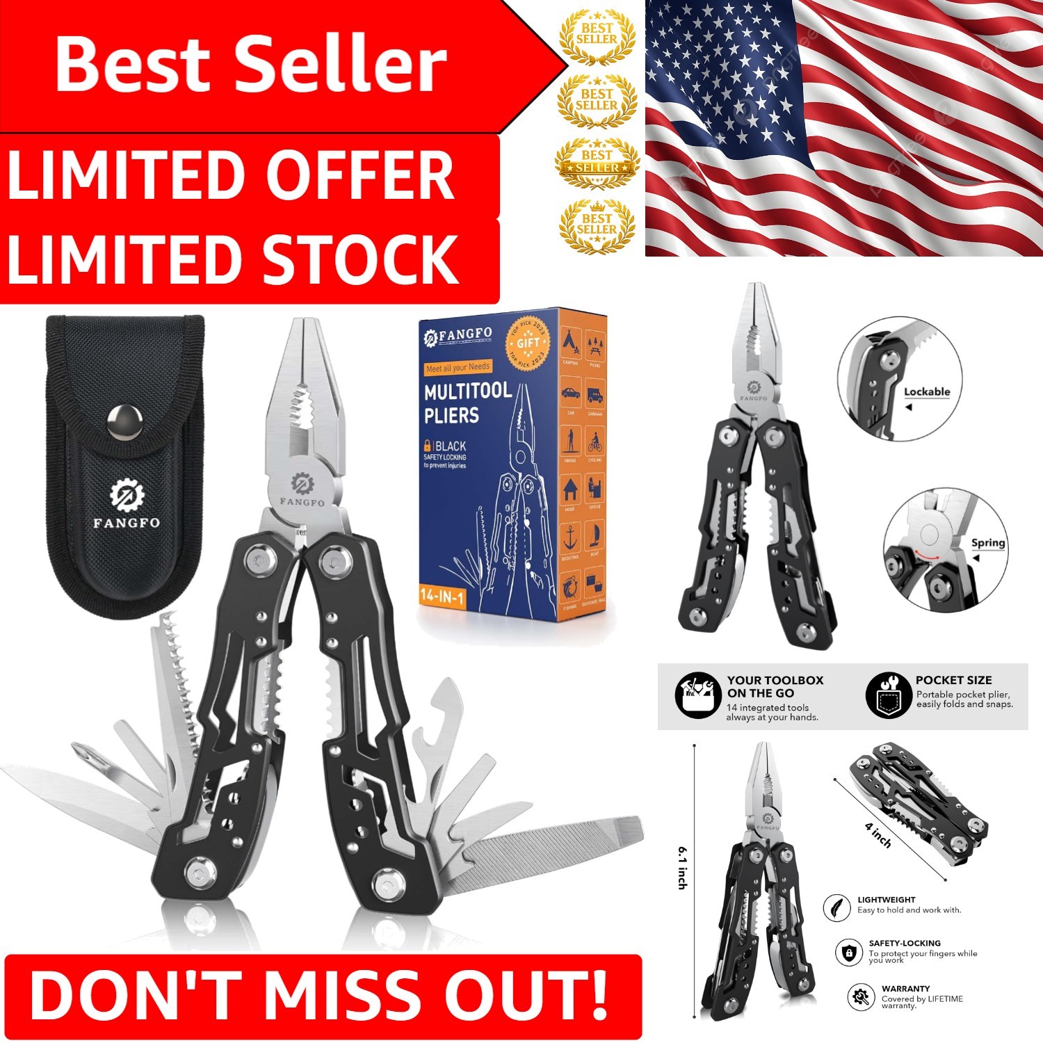 Compact Multitool with Locked Safety Feature - Perfect for Camping & Hiking