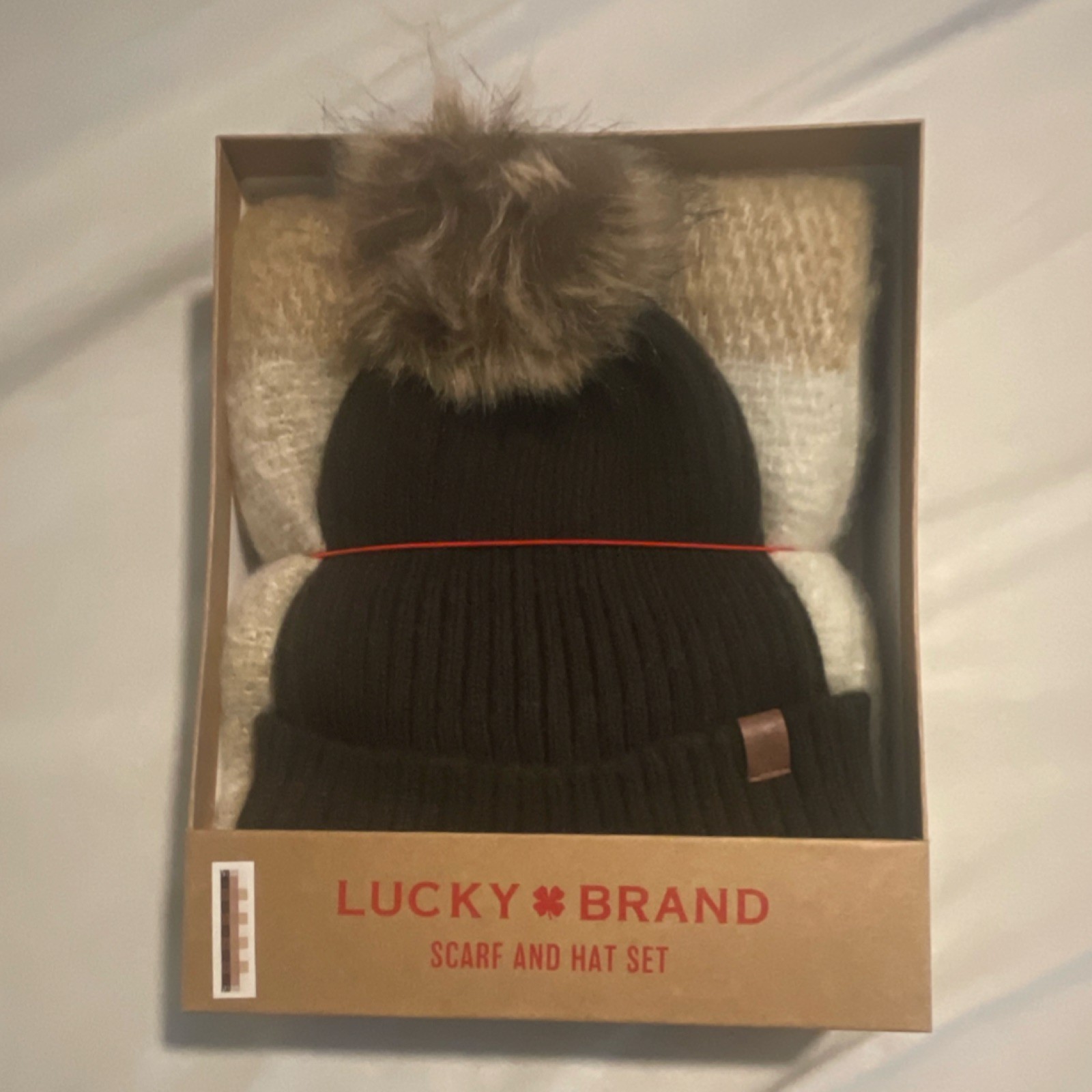 Lucky Brand Brown Beige Knit Scarf & Hat Set Faux Fur Pom Women 2 Piece