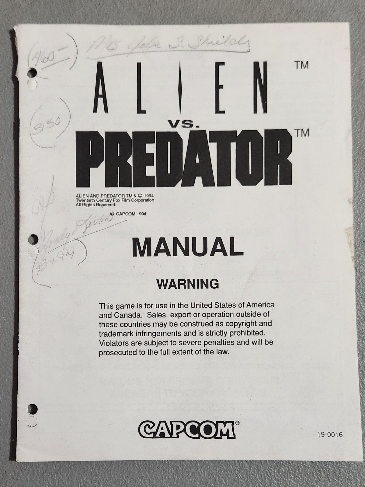 Alien Vs Predator Capcom  Arcade  Video Game Manual
