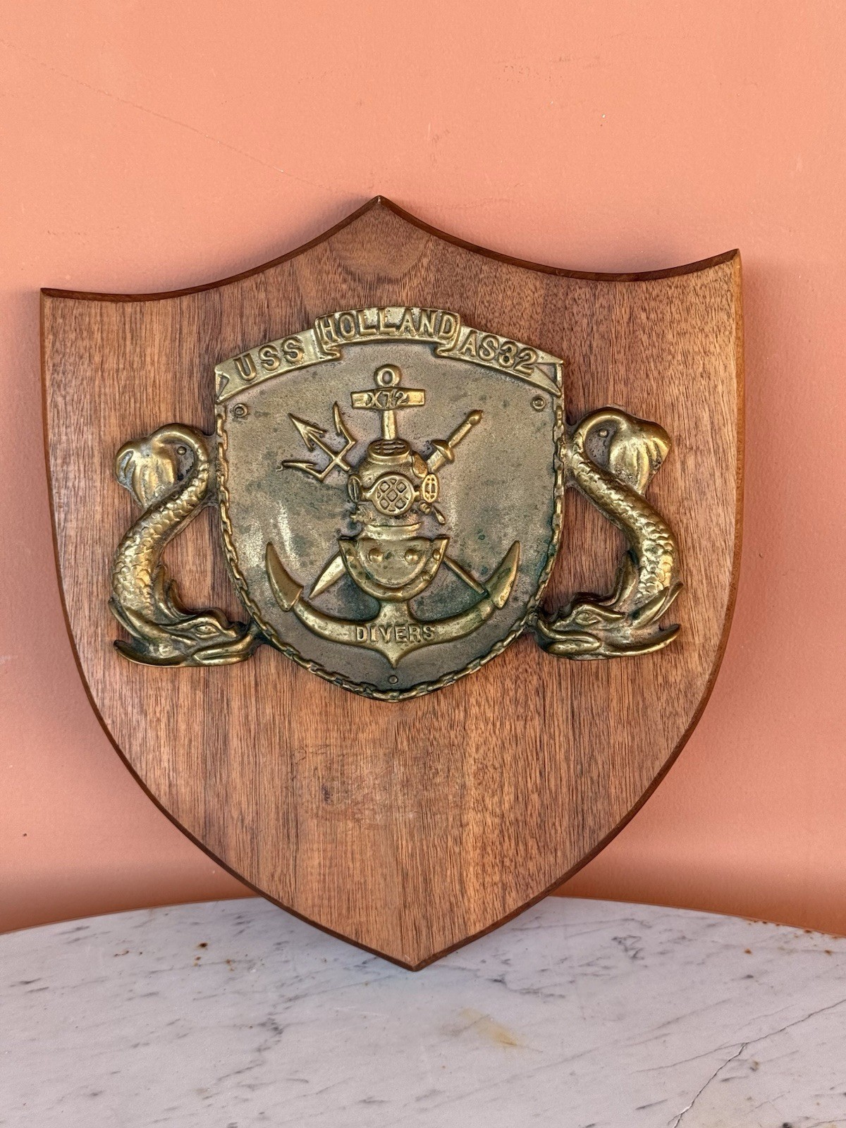 Vintage US Navy MK-V Diving Helmet Brass DIVERS USS HOLLAND AS-32 Plaque