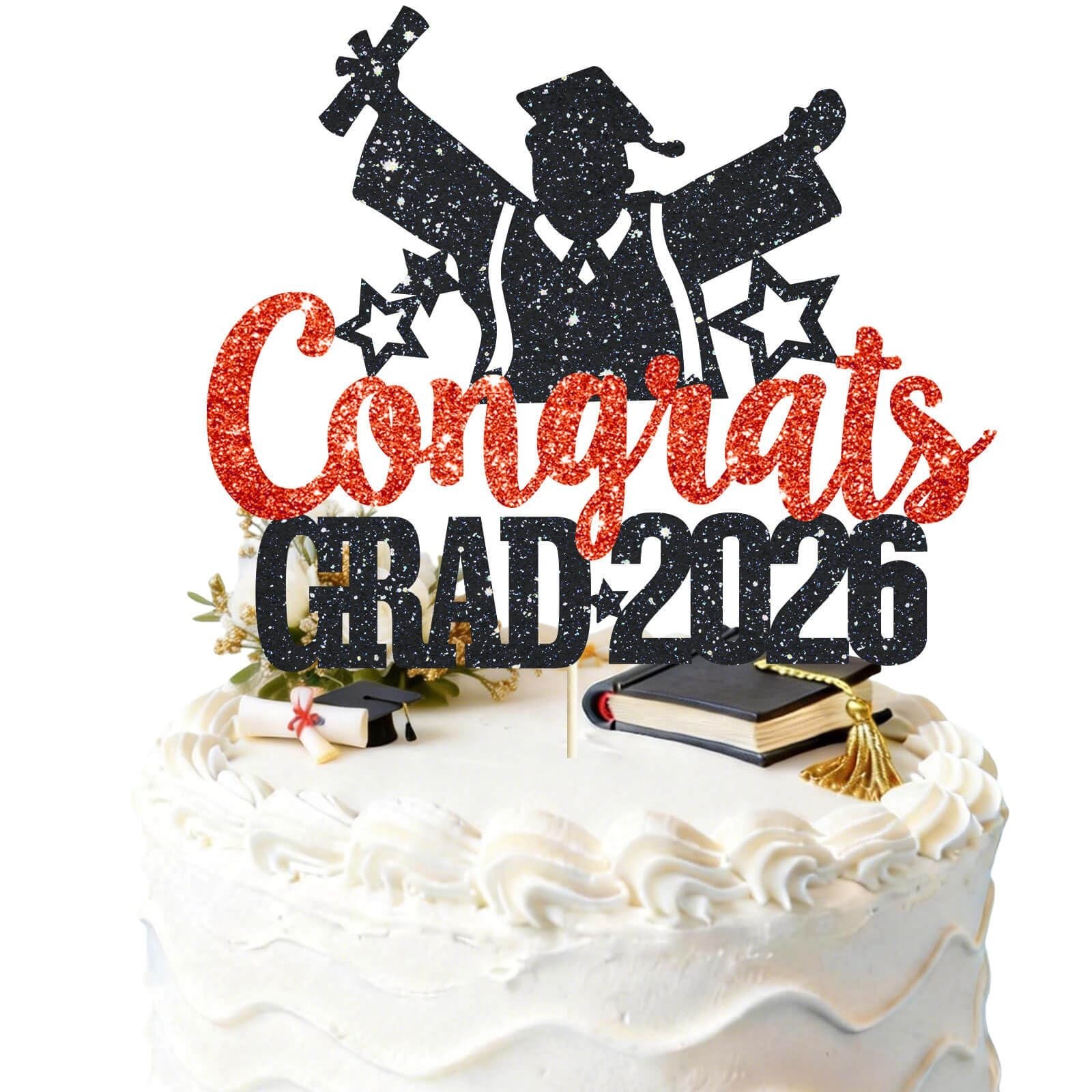 Congrats Grad 2026 Graduation Cake Topper Red Glitter Class of 2026 Cake Topp...