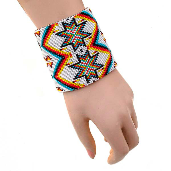 NATIVE INSPIRED STYLE ETHNIC MULTI-COLOR BEADED WIDE LEATHER  CUFF BRACELET B41/