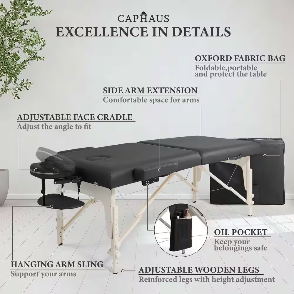 84 In. Black Premium Memory Foam Massage Table with Foldable Legs