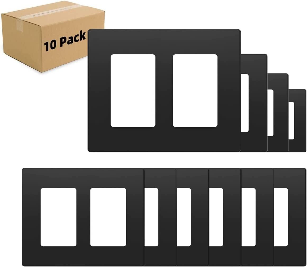2-Gang Decora Wall Plates Black, Standard Size Unbreakable Polycarbonate, 10Pack