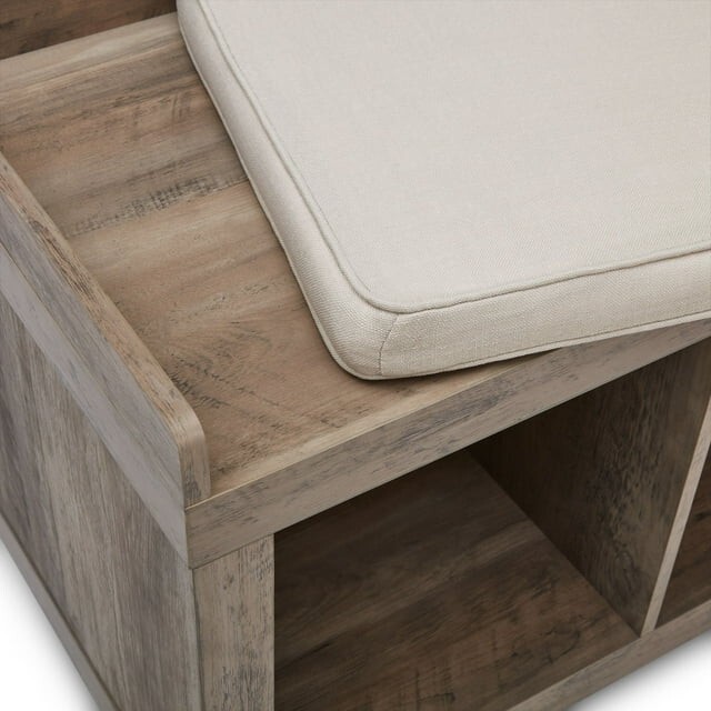 3-Cube Entryway Wood Storage Bench with Upholstered Sitting Cushion, Rustic Gray