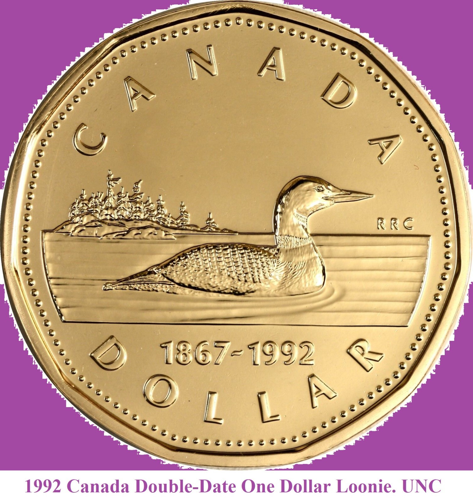 1992 Canada One Dollar Double-Date Loonie Coin. UNC. Semi Key $1 Loon