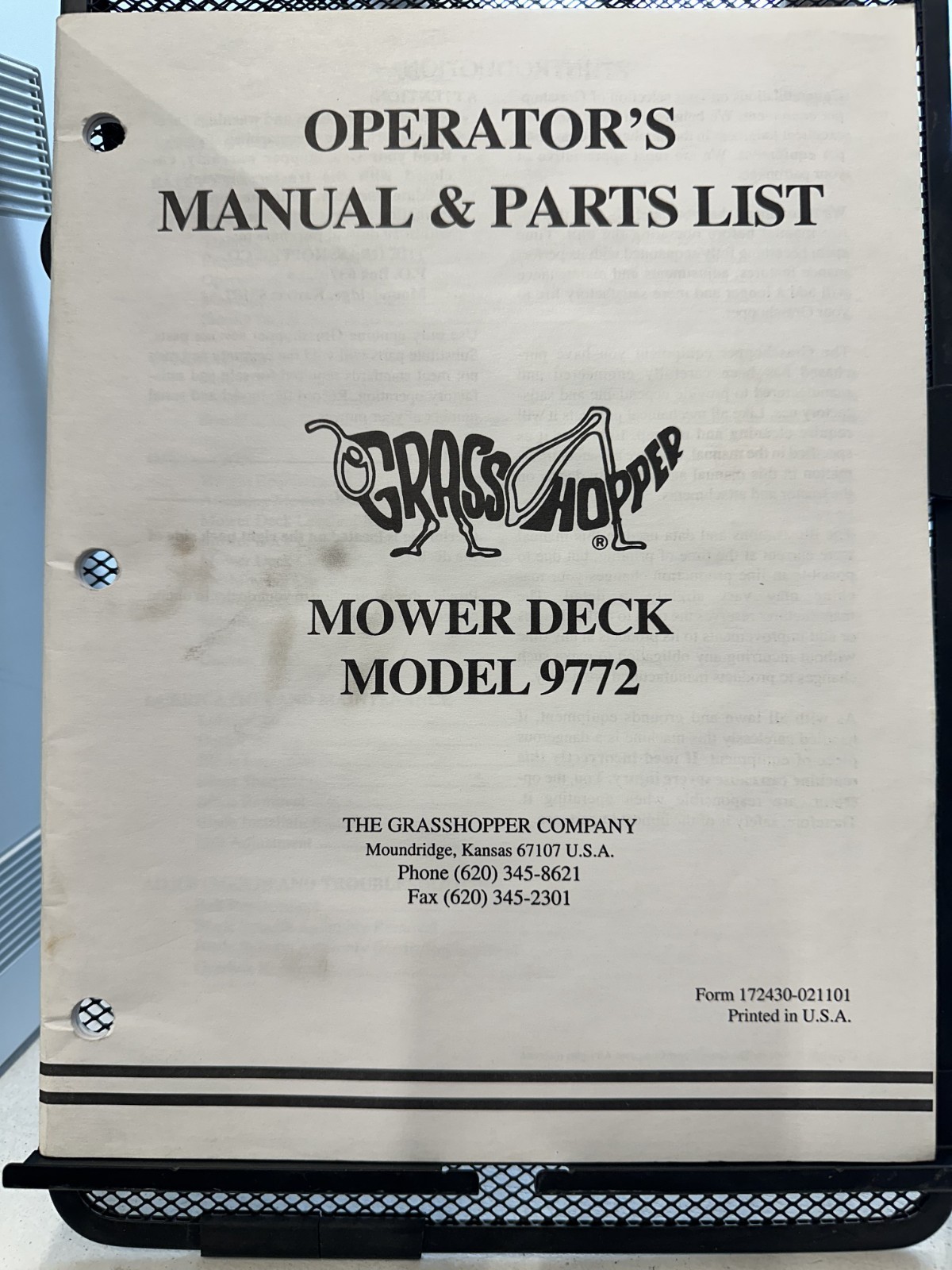 Grasshopper Operator's Manual and Parts List for Mower Deck Model # 9772