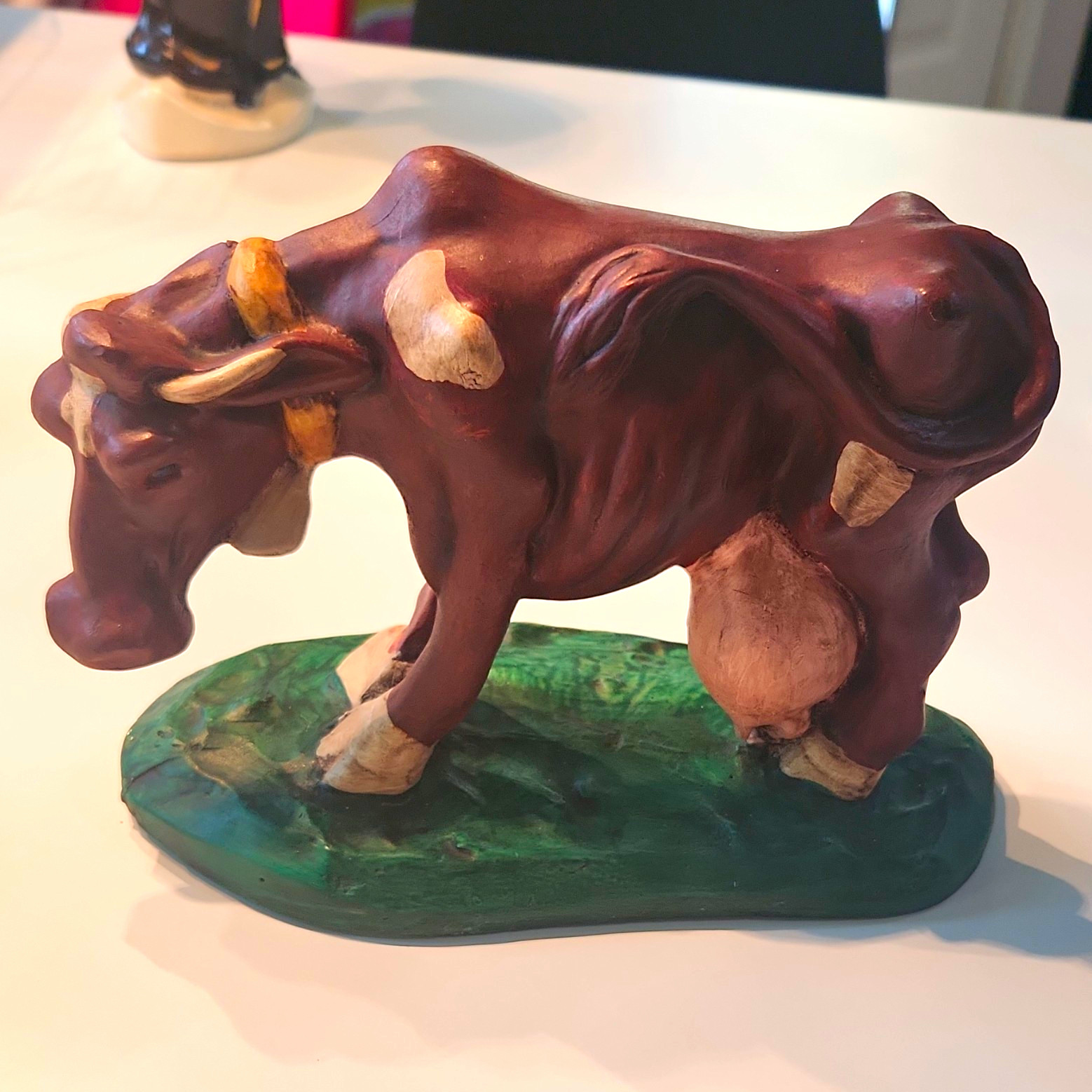 Brown Cow Figurine Farm Animal Statue on Green Base