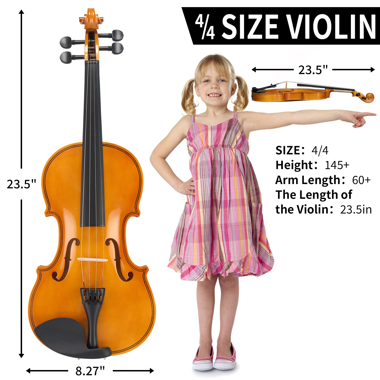 1/4 Acoustic Violin Basswood w/ Hard Bridge Case Bow Rosin Shoulder Rest Gift