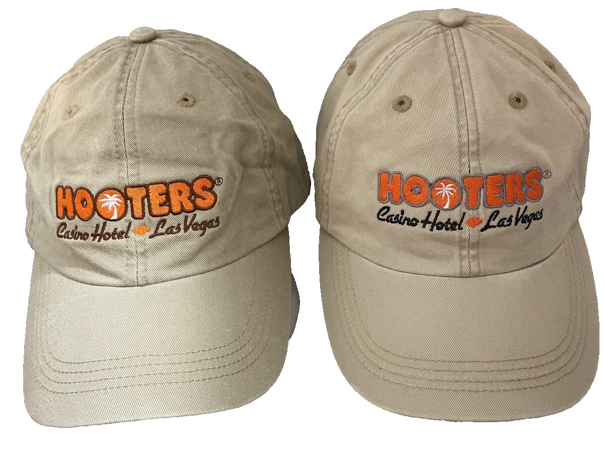 2- Hooters Casino Hotel Las Vegas Adjustable Hats 1-Brown 1-Black Logo Trim