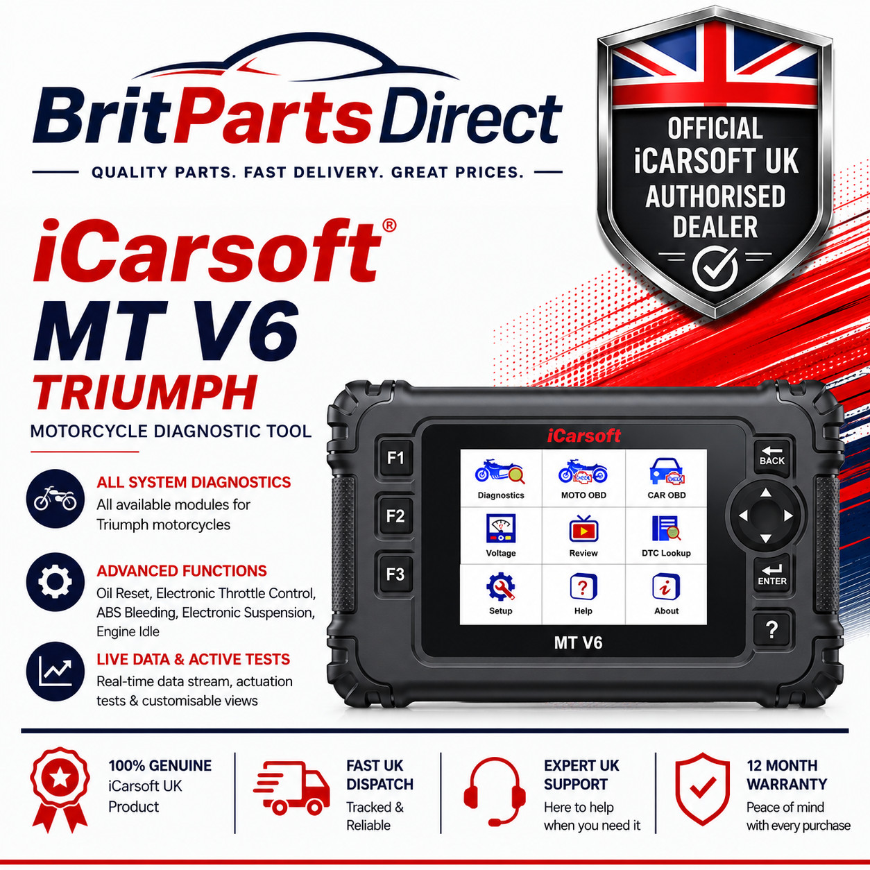 Triumph Motorcycle Diagnostic Tool iCarsoft MT V6 OBD2 Scanner Code Reader UK