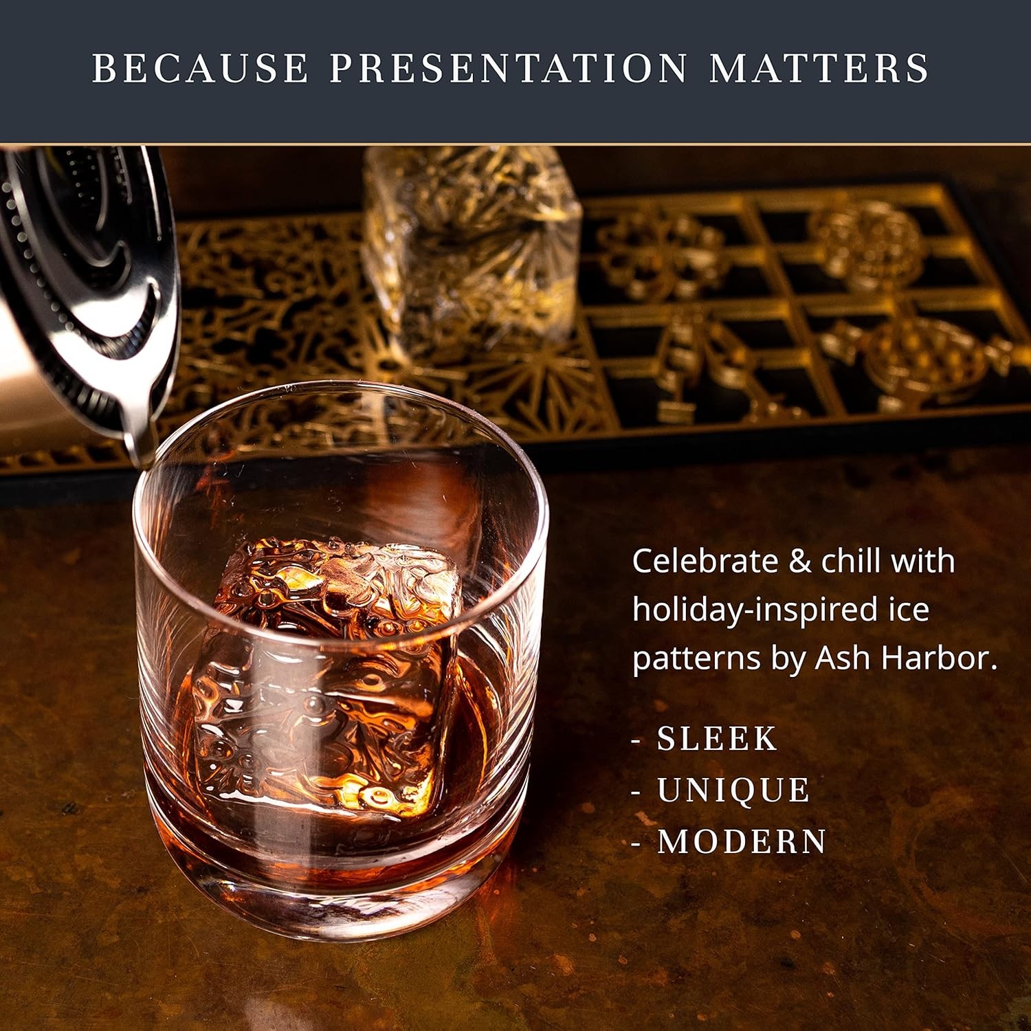 Clear Ice Cube Maker Design Tray - Craft Modern Molds for Bourbon & Brass