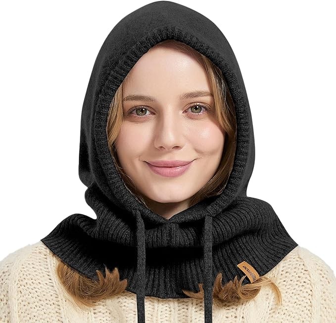 100% Merino Wool Balaclava for Women & Men Winter Warm Knit Hooded Scarf Hood...