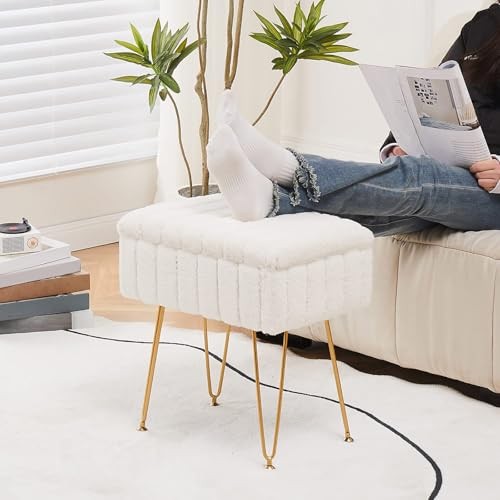 Storage Ottoman, Vanity Stools with Metal Legs, 16.5" x 11.8" x 18" White