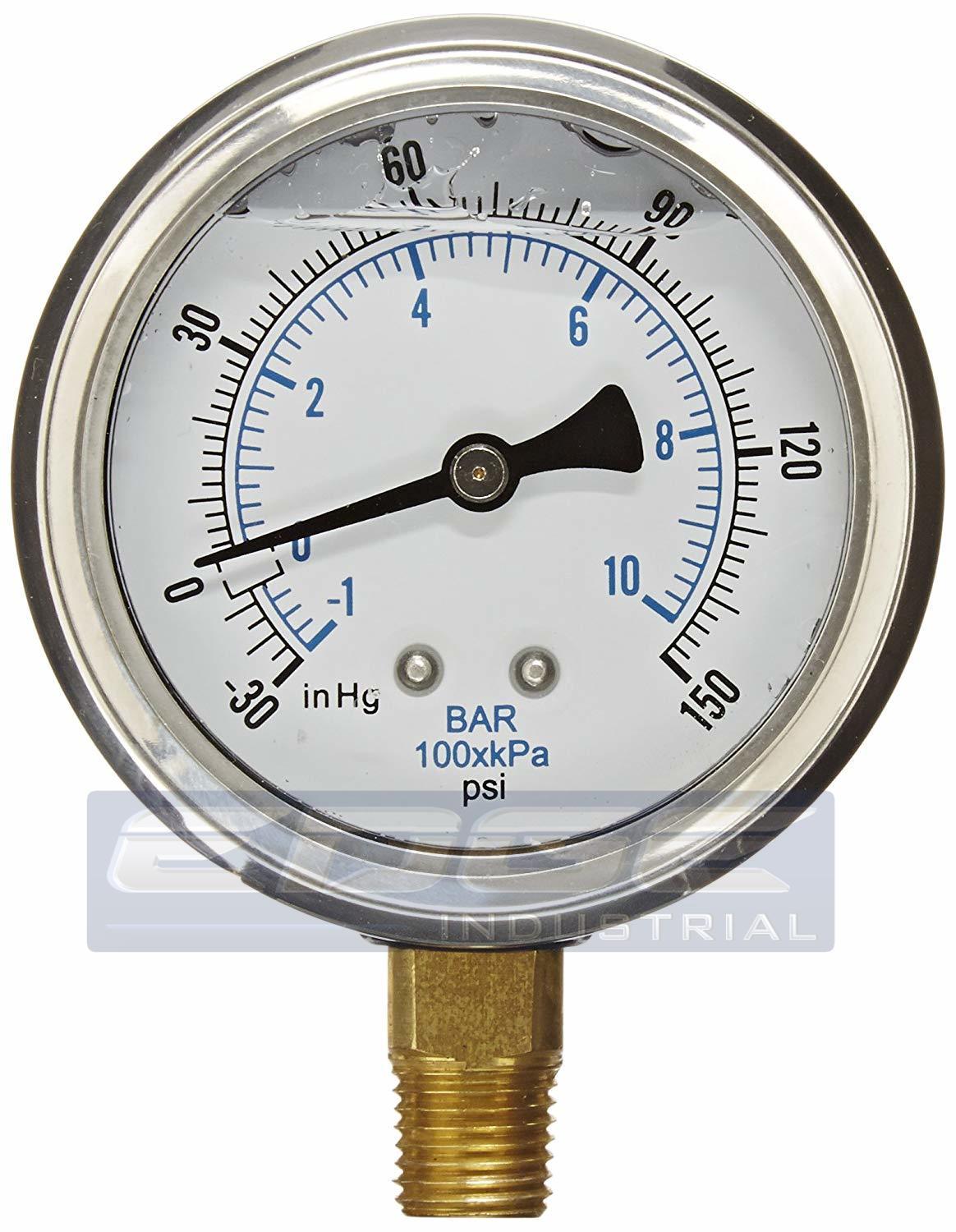 2 PACK LIQUID FILLED VACUUM GAUGE -30-150 PSI, 2.5" FACE, 1/4" NPT LOWER MOUNT