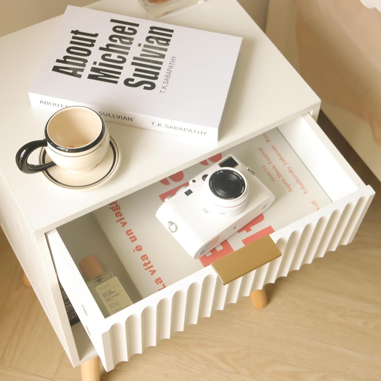 White Nightstand, Modern Bedside Table with Drawer and Opening Storage,