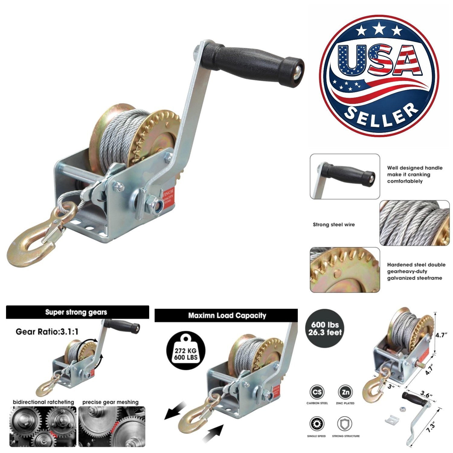 Versatile 600 lbs Manual Winch with 26.3 ft Steel Cable - Ideal for Outdoor Use