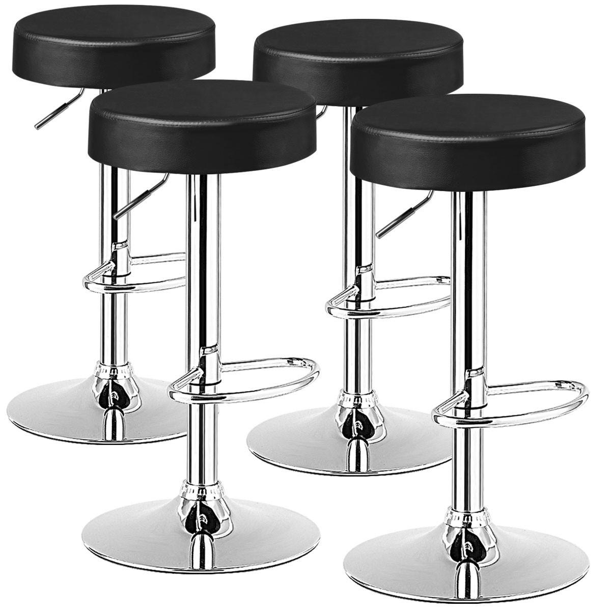 4PCS Round Bar Stool Set Adjustable Swivel Pub Chair U Leather w/ Footrest Black