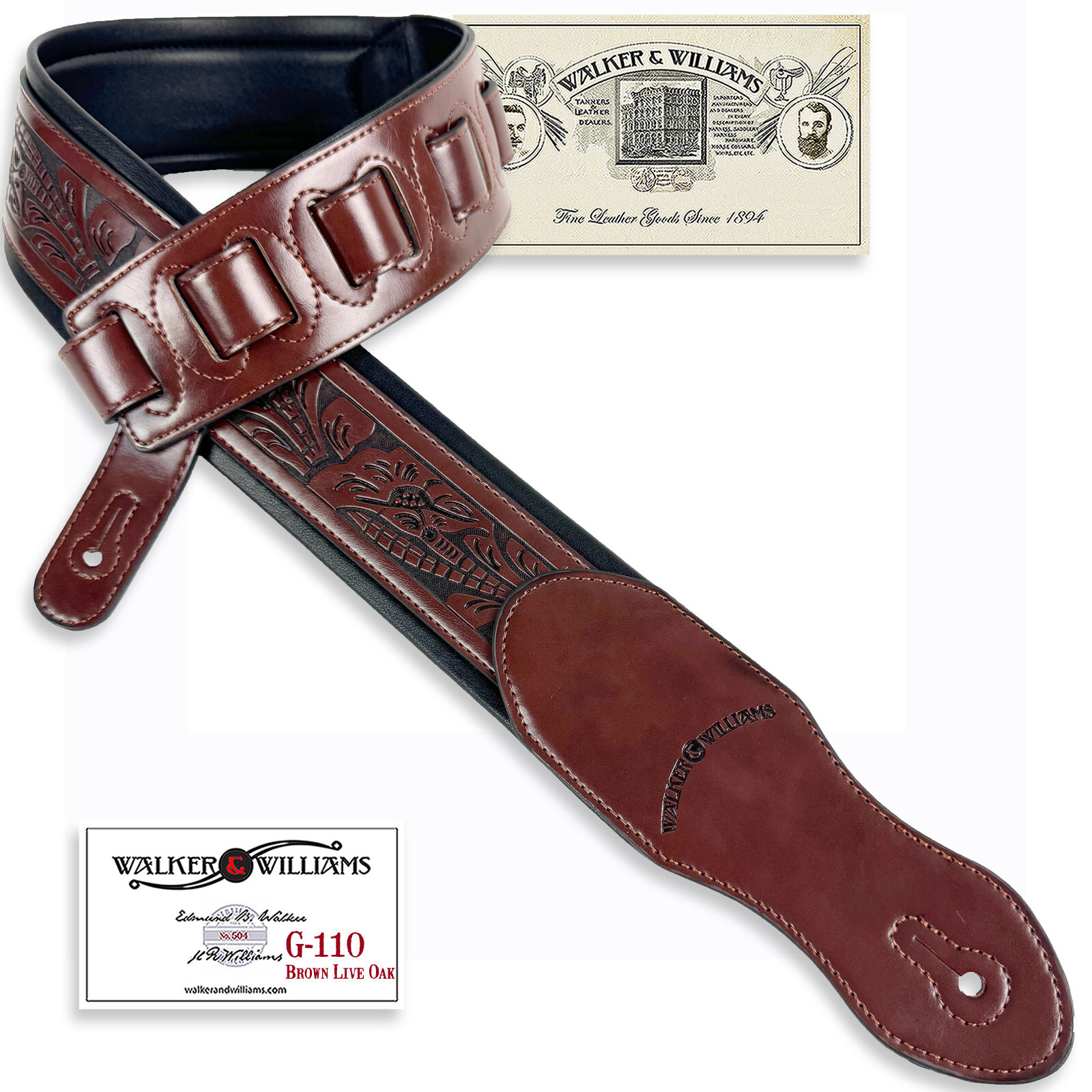 Walker And Williams G-110 Mahogany Brown Padded Strap with Embossed Tooling 