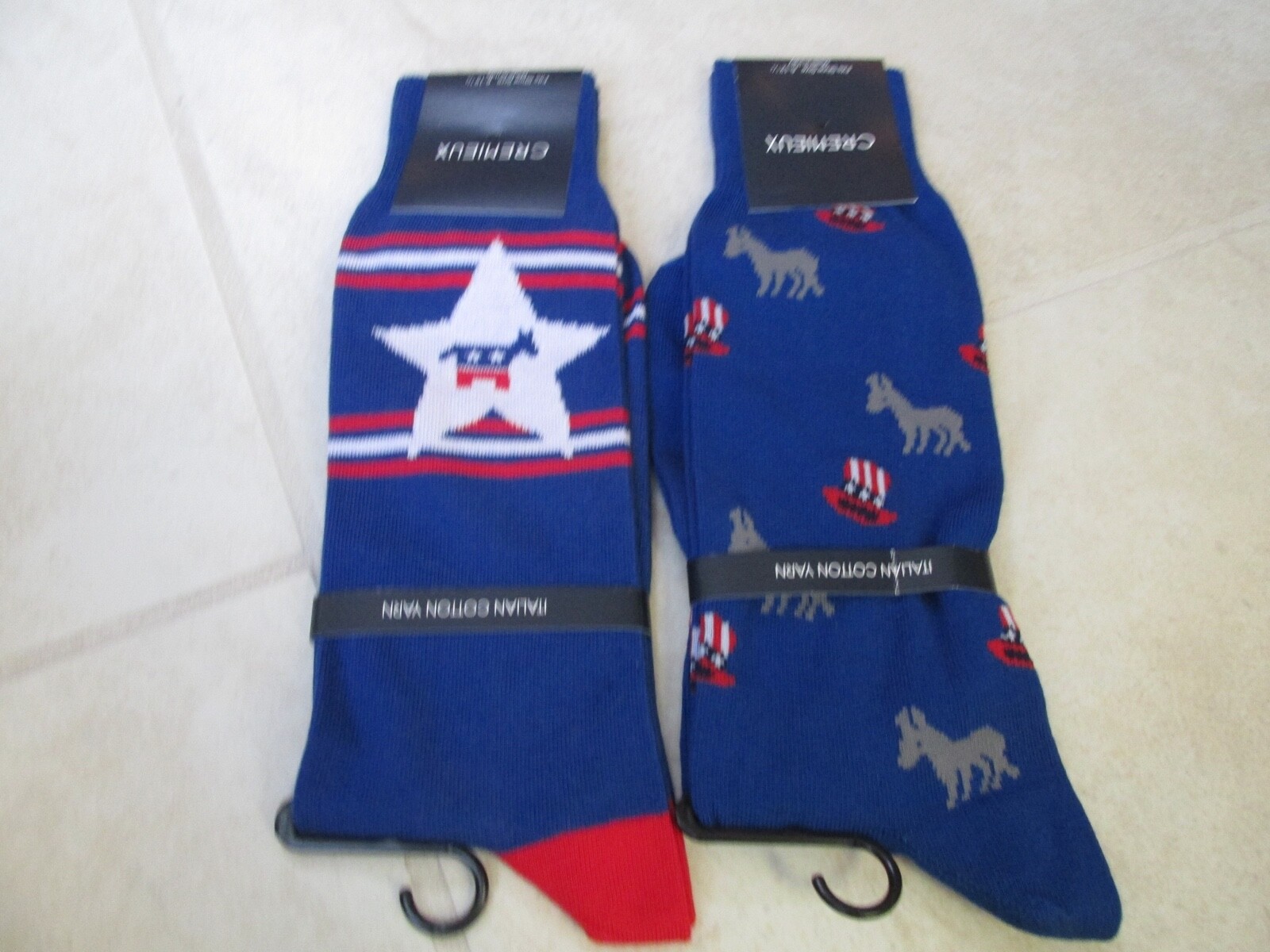 NEW 2 Pairs CREMIEUX Democrat Patriotic Donkey / Star Red White Blue Crew Socks