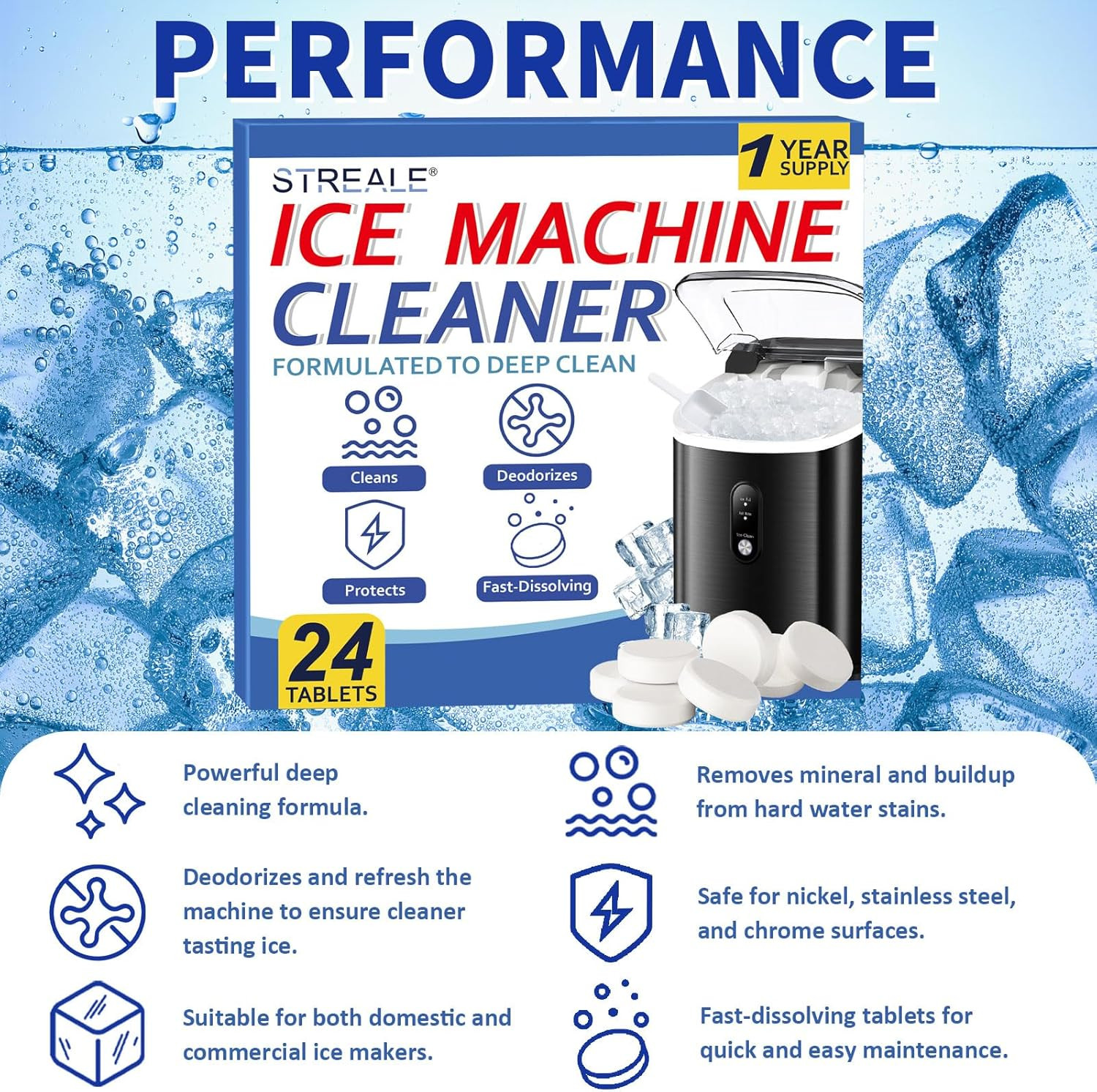 Ice Machine Cleaner Maker and Descaler - 24 Ice Maker Cleaner Tablets Compatible