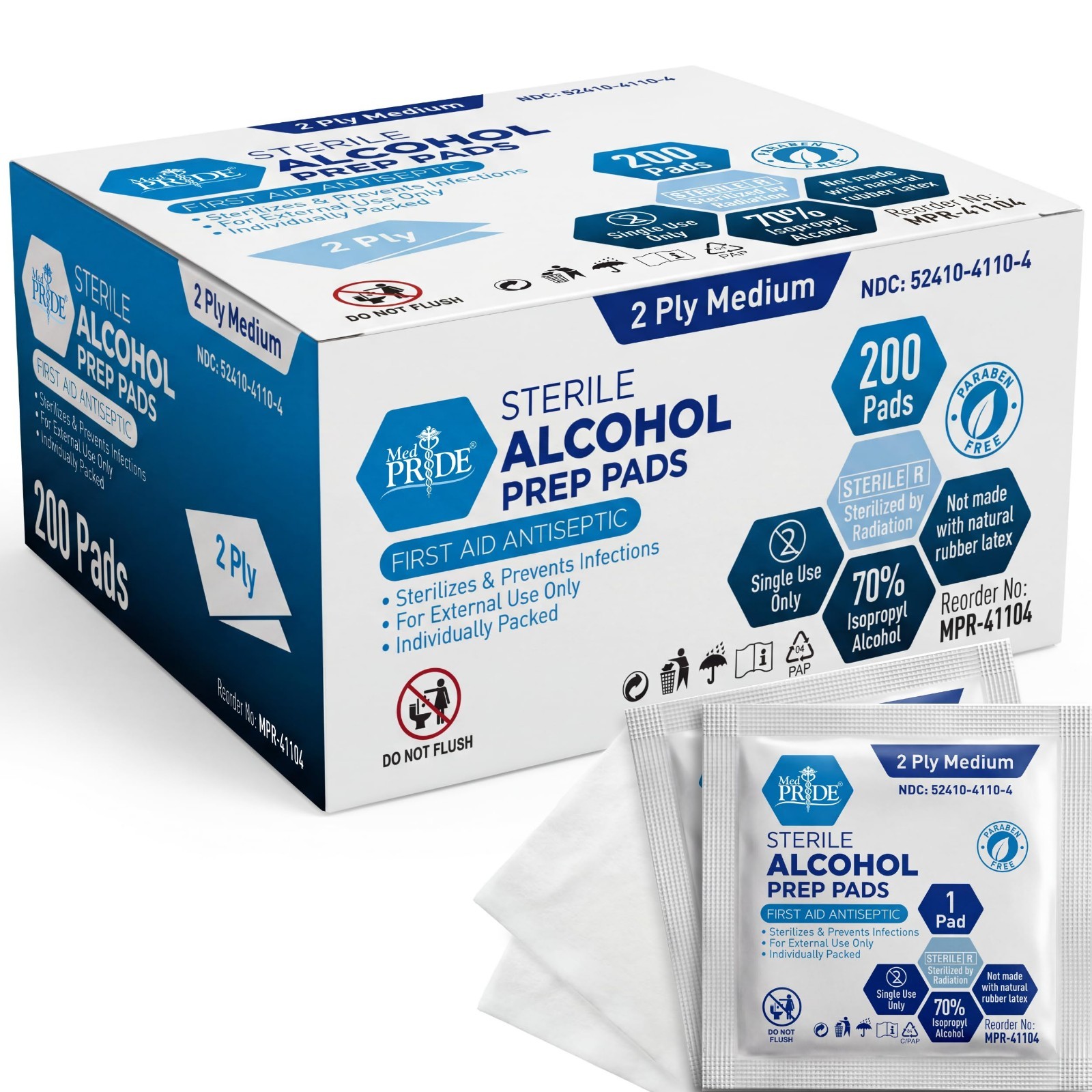 Sterile Alcohol Prep Pads 200 Count Antiseptic Individually Wrapped Latex Free..