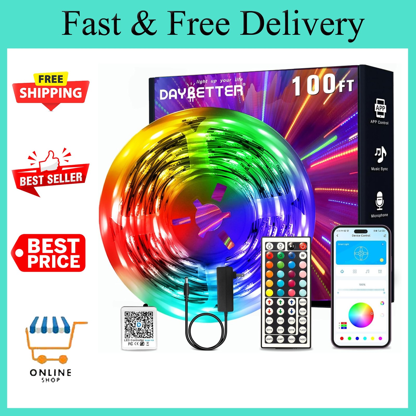 100Ft LED Strip Lights, Smart Light with App Remote Control, RGB LED Lights for