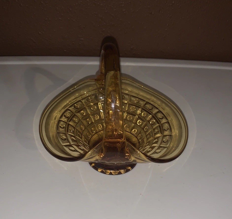 Basket Amber Pressed Depression Glass Square & Dot Pattern 5.5"