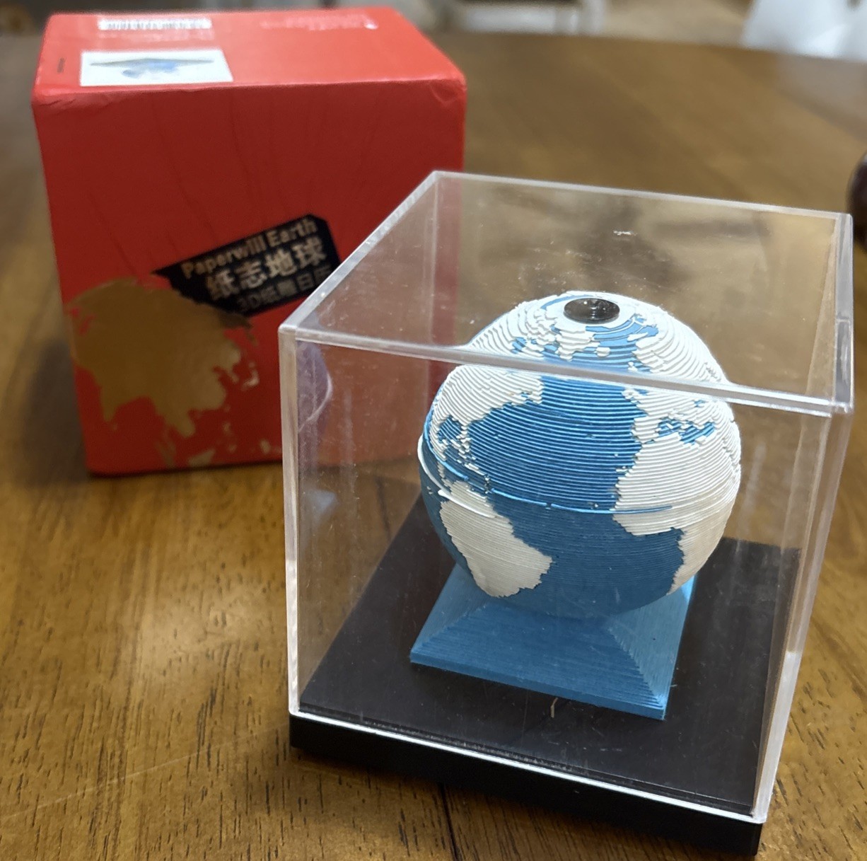 Mini 3D Printed Globe in Clear Acrylic Case – Blue & White Paper Will Earth Box