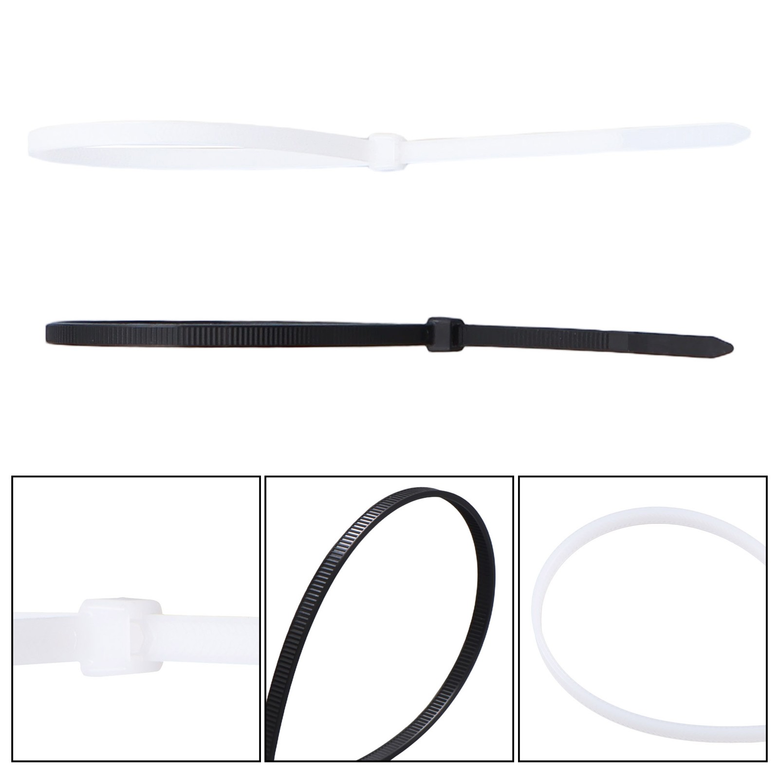 Black 1000-Pack & White 100-Pack, 12" 50 lbs Self-locking Nylon Cable Ties