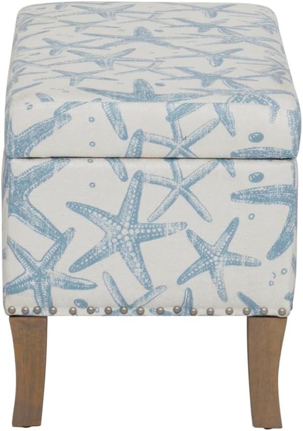 Stephanie Cream & Light Blue Starfish Fully Upholstered Bench W/ Hidden Interior