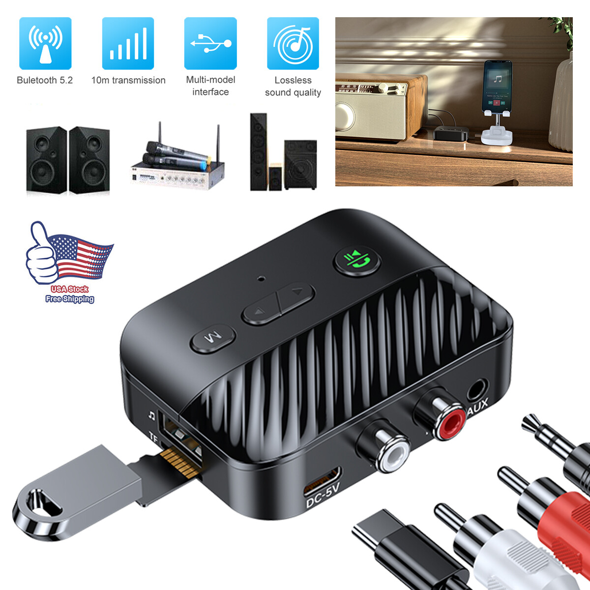 USB Bluetooth 5.3 Adapter Receiver Wireless AUX to 2RCA Stereo Audio Adapter